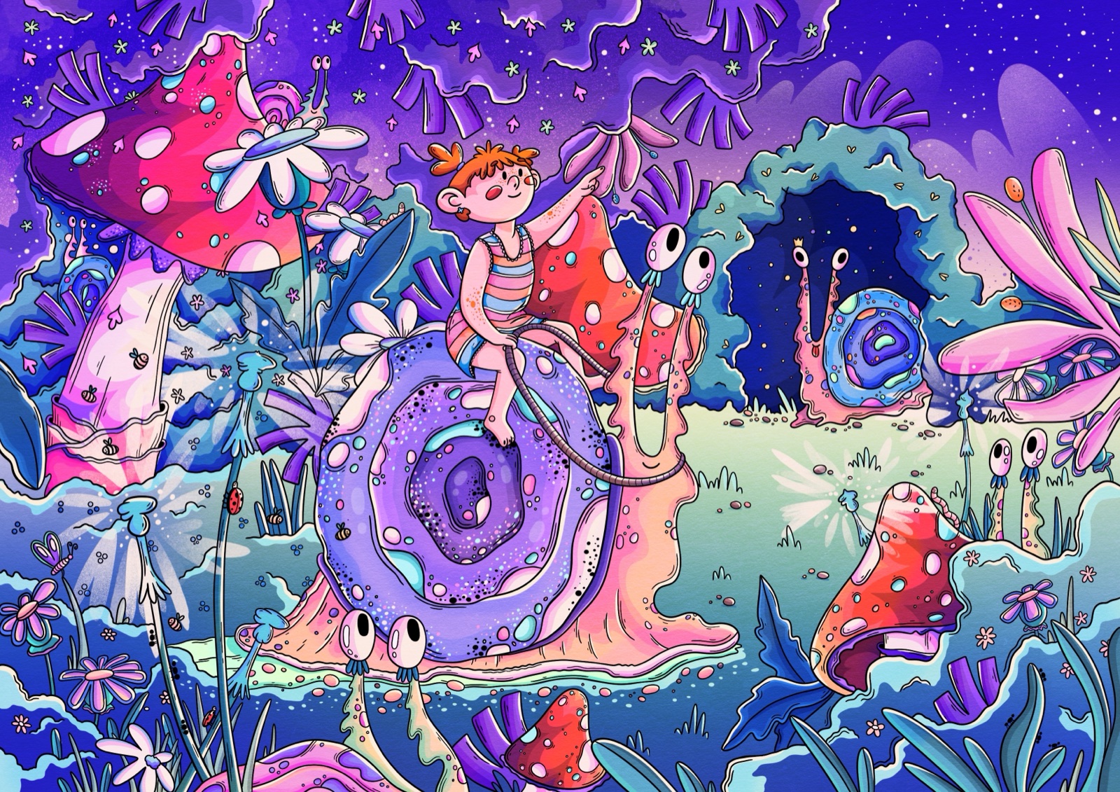 Celostránková ilustrace z dětské knížky s tvorečkem Lilošem